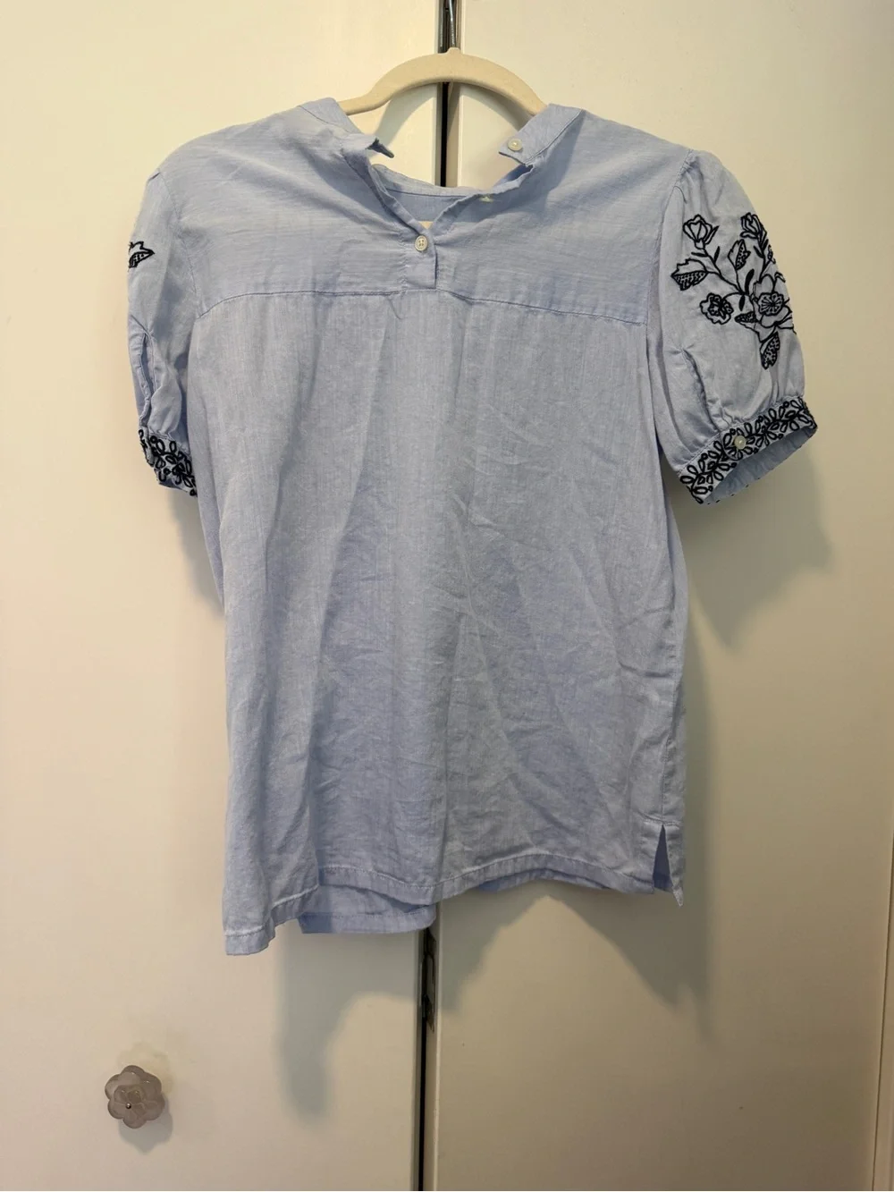 LOFT Light Blue Puff Sleeve Blouse with Navy Floral Embroidery